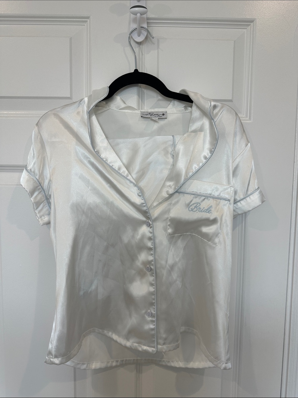 Satin Short-Sleeve Pajama Top & Short Set - White "Bride" Embroidered